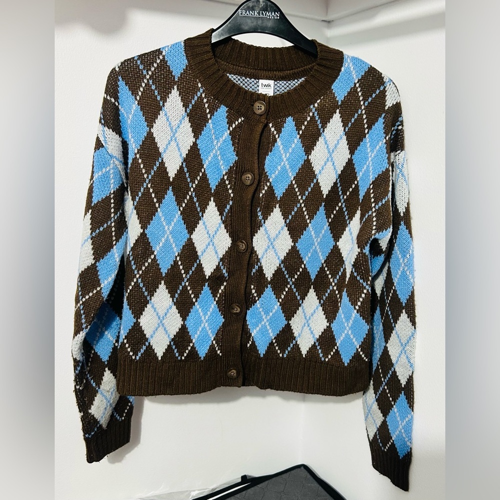 Twik Argyle Cardigan in Brown and Light Blue